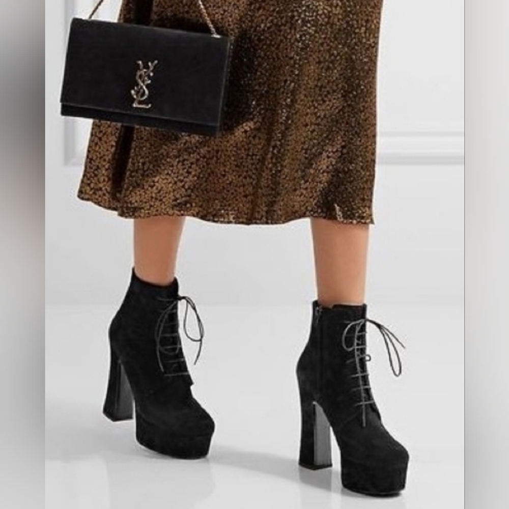 Saint Laurent Candy Black Suede Platform Lace-Up Ankle Bootie 38 YSL Boots